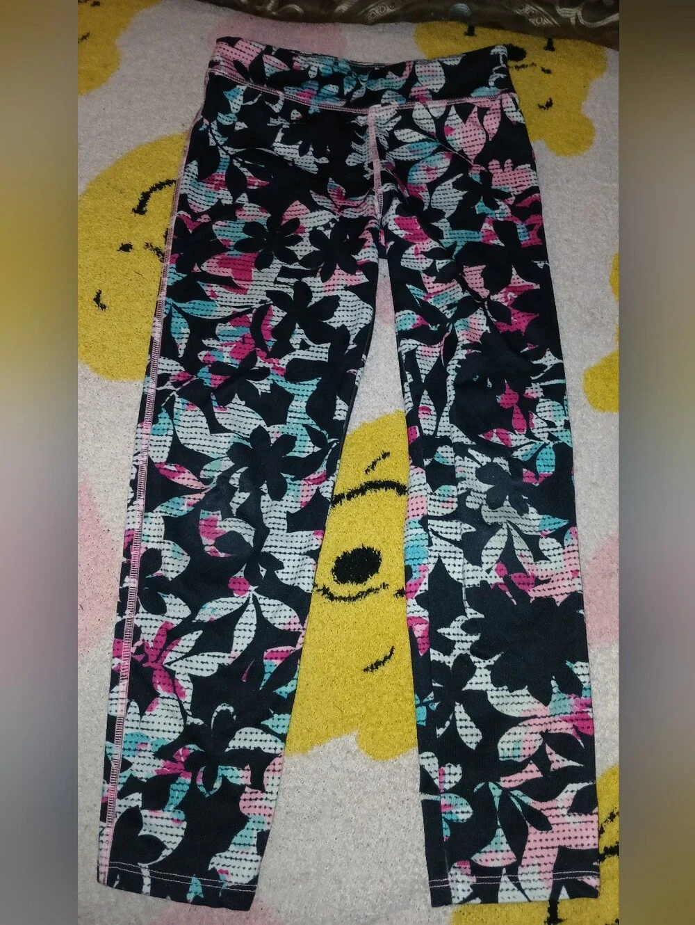 Pre-loved Kids Floral Print Stretch Leggings - Black with Pink & Teal